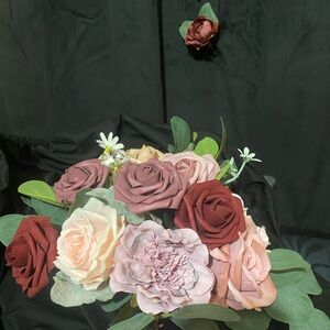 Dusty Pink and burgundy wedding bouquet with matching boutonnière